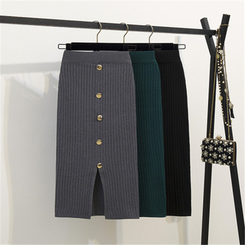 Winter Solid Women Knitting Skirt A-Line High Waist Mid-Calf Button Sweet Skirts Empire Ladies Casual Korean Vintage Skirt